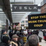 Protesters demonstrate outside Tesla showrooms in US